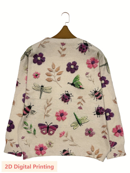 Women'S Lightweight Sweater - 2D Digital Printing-All-Over Floral & Insect Print in Beige/Red/Blue/Black/White/Gray/ - Soft Everyday Pullover for Fall/Winter - Casual Chic Sweater for Everyday & Formal Outfits - Women'S Sweater, Ladies Sweaters,