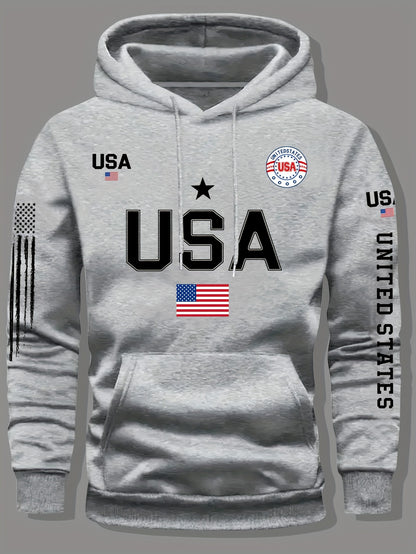 Men'S Fleece Hoodie with USA Flag Pattern, Unisex Casual Pullover with 'United States' Lettering, Suitable for Students And Couples, Stylish Sweatshirt for Autumn And Winter, 2025 Spring Pullover Sports Hoodie, Knit