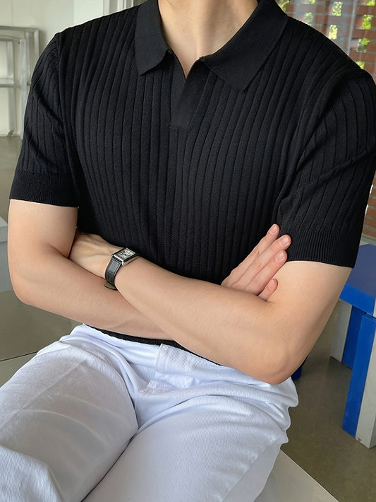 2024 New Men'S Small Hole Short Sleeve Polo Shirt Knitted Sweater - Beige, Medium Stretch, Solid Color, Regular Fit, All-Season Casual Wear, Casual Wear Sweater|Minimalist Style|Knit Construction, Sweater Vest