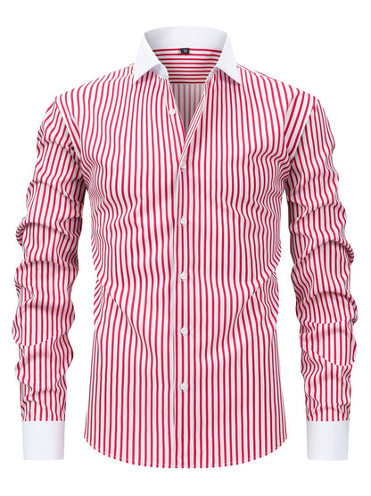 Men'S Elegant Striped Long Sleeve Button-Up Shirt - Red & White, Stretchy Polyester Blend, Fitted Design, Perfect for Business or Casual Wear, Gift for Me