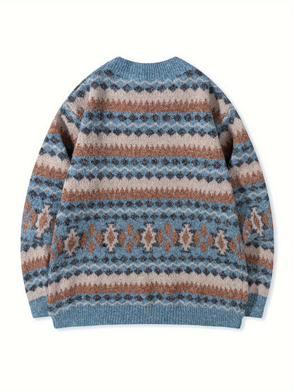 Men's Casual Color-Block Geometric Knit Sweater - Loose Fit Ribbed Detail Pullover, Machine Washable Autumn Winter Warm Crewneck Sweater for Casual Attire, Knitted Sweater, Durable Winter Wear