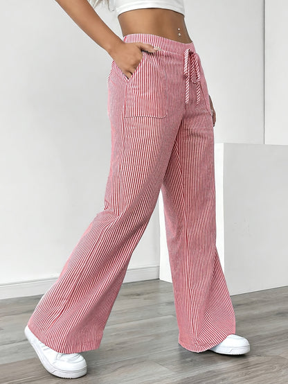 Slant Pockets Wide Leg Pants, Casual Striped Print Loose Drawstring Waist Pants For Spring & Summer, Women's Clothing