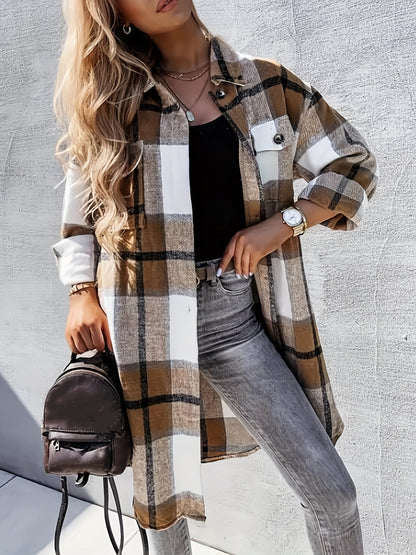 Stylish Plaid Print Womens Long Jacket - Relaxed Casual Button Front with Flap Pockets - Durable Outerwear for Everyday Fashion