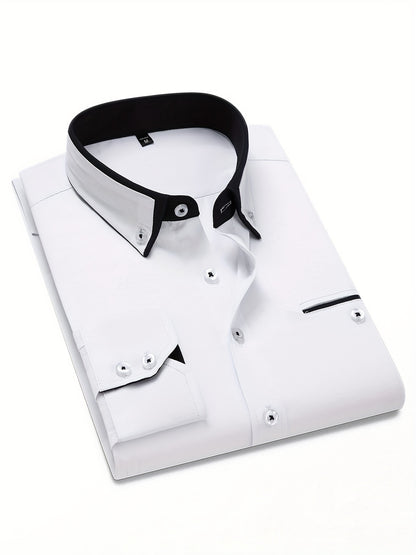 Men's Contrast Collar Design Lapel Collar Design Dress Shirts, Long Sleeve Casual Button Up Shirt For Formal Occasions