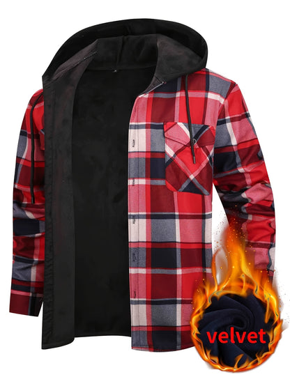 Men's Fleece-Lined Hoodie - Casual & Sporty, Plaid Pullover with Button Detail, Long Sleeve, Loose Fit for Fall/Winter