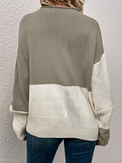 Womens Elegant Color Block Funnel Neck Pullover Sweater - Soft High Elasticity Acrylic Knit Fabric, Long Sleeve Drop Shoulder Design, Easy Care Hand Wash or Dry Clean, Perfect for Fall and Winter - Classic Style for Casual Daily Wear