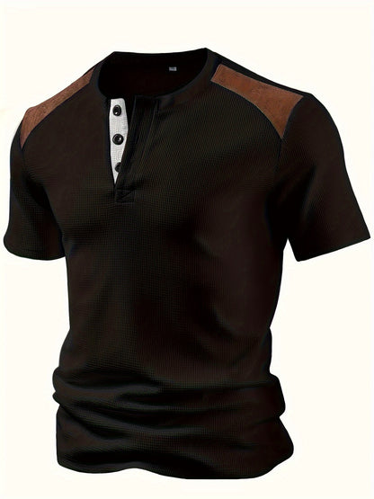 Men'S Waffle Texture Two-Tone Henley Shirt - Casual Summer Short Sleeve, Round Neck, Non-Stretch Fabric
