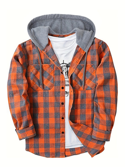 Men's Casual Plaid Hoodie Shirt - Long Sleeve Button-Up with Drawstring Hood, Red & Yellow Gingham Print, Polyester Blend, Comfortable and Stylish for Casual Attire, Essential Hoodie