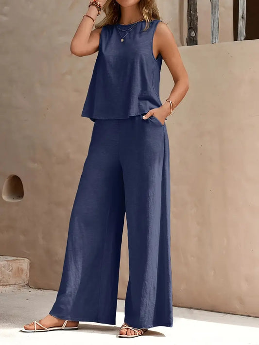 Solid Polyester Blouse 2-Piece Set