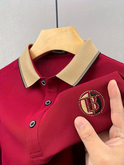 Men'S Summer Short Sleeve Polo Shirt, Embroidered Geometric Pattern, Casual Polyester Knit Fabric, Regular Fit, Half Placket, 160g/m² - Solid Color Top with Hotfix Rhinestones