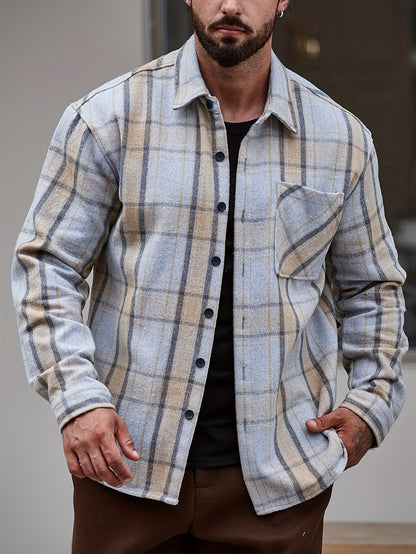 Men's Casual Flannel Shirt Coat - Solid Color Lapel Button-Up with Chest Pocket, Machine Washable Non-Stretch Fabric, Regular Fit Autumn Winter Outerwear, Autumn Apparel, Flannel, Long Sleeve Button Casual Shirt