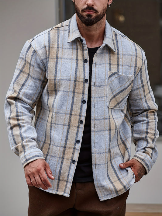 Men's Casual Flannel Shirt Coat - Solid Color Lapel Button-Up with Chest Pocket, Machine Washable Non-Stretch Fabric, Regular Fit Autumn Winter Outerwear, Autumn Apparel, Flannel, Long Sleeve Button Casual Shirt
