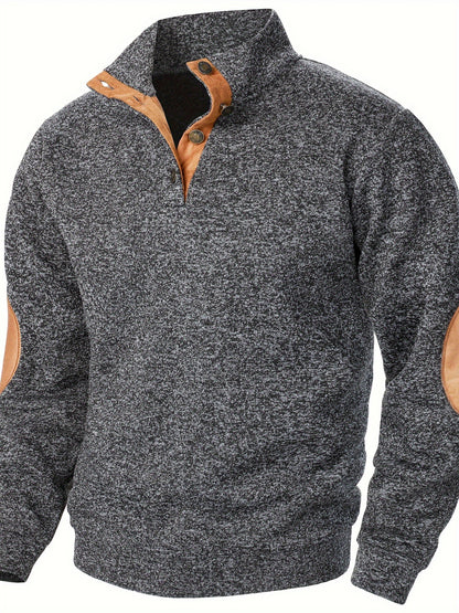 Men's Stand Collar Long Sleeve Casual Hoodie Top - Autumn Winter Warm Pullover with Button Detail, Solid Color Regular Fit for Casual Attire
