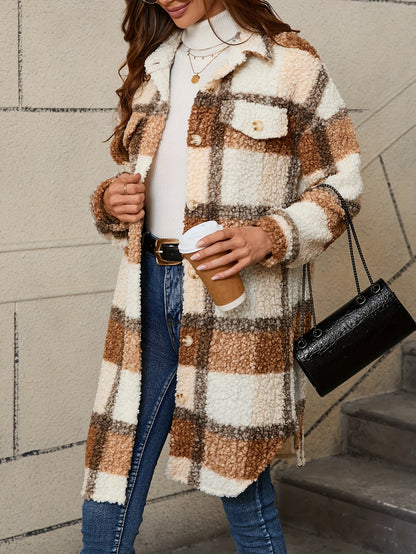 [Plaid Fuzzy Jacket] Fuzzy Plaid Pattern Jacket | Casual Thermal Long Sleeve Long Length Collar Coat For Fall & Winter, Women's Clothing