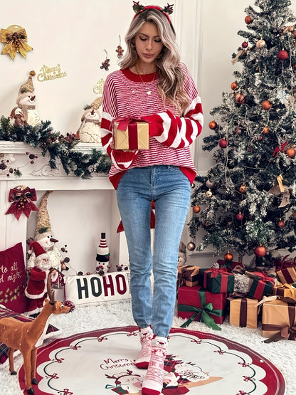 [Elegant Striped Sweater] Elegant & Comfortable Women's Red & White Striped Long Sleeve Pullover Sweater | Round Neck Casual Chic Top, All-Season Versatile Wardrobe Staple for Holiday & Casual Attire, Cute Sweaters, Festive Clothing