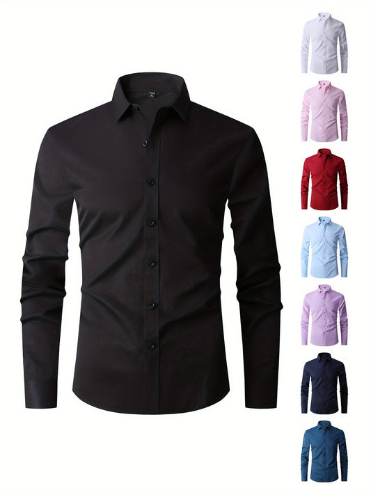 Solid Color Men's Business Slim Fit Long Sleeve Button Up Shirt, Spring Fall Formal Wear, Gift For Men