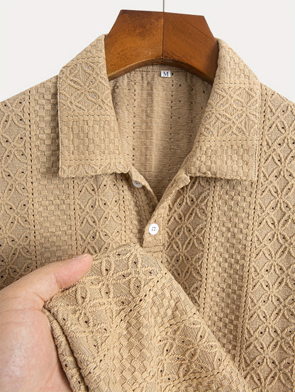 1pc Striped Knit Shirt for Men - Breathable Short Sleeve with Lace-Like Cut-Out Detail, Lightweight Casual Top, Hand Wash Only, Warm Weather Top, Textured Pattern, Delicate Knitwork, Men's Top, Stylish Men