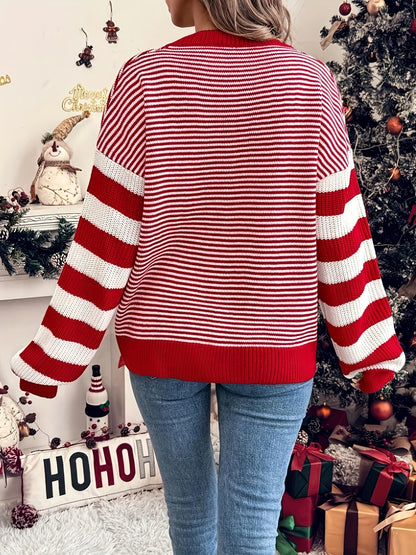 [Elegant Striped Sweater] Elegant & Comfortable Women's Red & White Striped Long Sleeve Pullover Sweater | Round Neck Casual Chic Top, All-Season Versatile Wardrobe Staple for Holiday & Casual Attire, Cute Sweaters, Festive Clothing