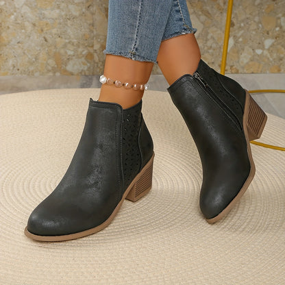 [Chunky Mid-Heel Ankle Boots] Comfortable & Durable Women's Chunky Mid-Heel Slip-On Ankle Boots | Laser-Cut Design, Round Toe, Plastic & PU Cover, All-Season Versatile Casual & Formal Footwear (Black), Block Heel
