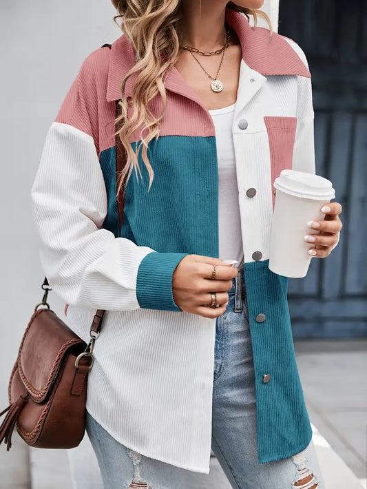 Solid Polyester Blouse Color Block Button