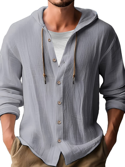Men's Hooded Lightweight & Breathable Jacket, Solid Color Regular Fit Coat with Button Closure