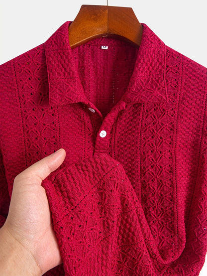 1pc Striped Knit Shirt for Men - Breathable Short Sleeve with Lace-Like Cut-Out Detail, Lightweight Casual Top, Hand Wash Only, Warm Weather Top, Textured Pattern, Delicate Knitwork, Men's Top, Stylish Men