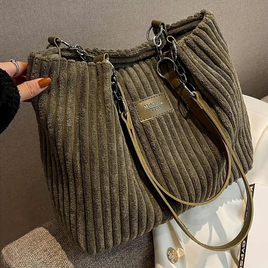 [Travel Essential] Women'S Corduroy Tote Bag - Large Capacity Shoulder Bag with Fixed Strap, Zipper Closure, and Ribbed Texture in Brown/Grey/Black/White for Commuting and Short Trips, Casual Shoulder Bag | Minimalist Shoulder Bag | Soft Texture