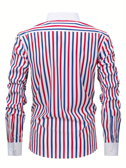 Men'S Elegant Striped Long Sleeve Button-Up Shirt - Red & White, Stretchy Polyester Blend, Fitted Design, Perfect for Business or Casual Wear, Gift for Me