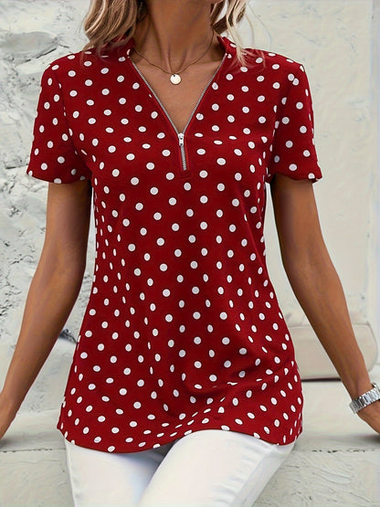 Elegant V Neck Short Sleeve Blouse - Polka Dots Print, Zipper Front, For Spring & Summer, Women's Clothing