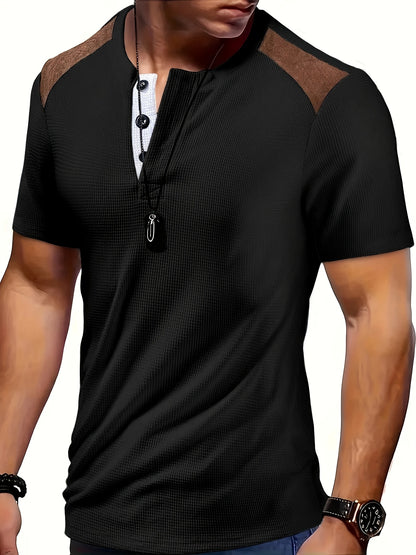 Men'S Waffle Texture Two-Tone Henley Shirt - Casual Summer Short Sleeve, Round Neck, Non-Stretch Fabric