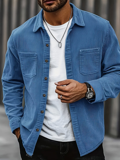 Men'S Corduroy Casual Shirt Jacket with Lapel Collar, Button-Up Long Sleeve Open Front Cardigan with Double Pockets, Solid Color, Regular Fit for All Seasons, Blazer For Men, Coat, Long Sleeve Shirt For Men, Shirt For Men