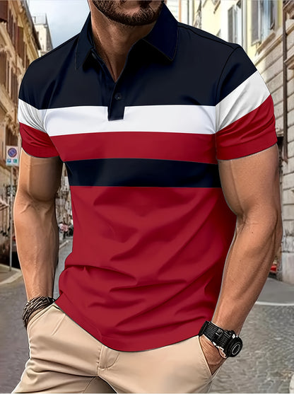 Casual Men's Color Block Short Sleeve Comfy Lapel Shirt For Golf Sports, Summer Men's Clothing