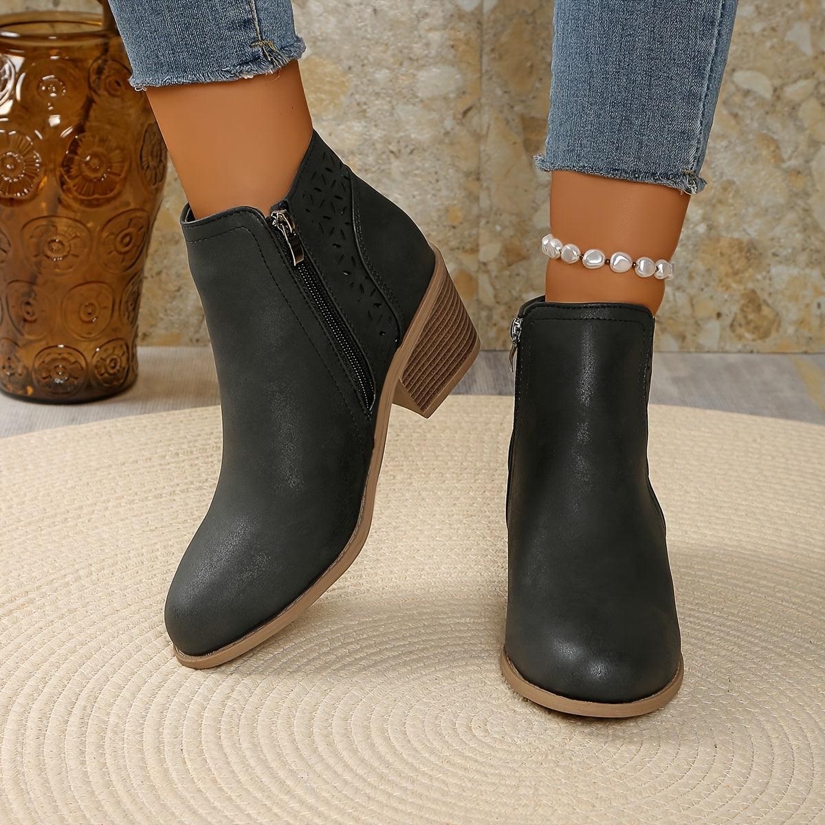 [Chunky Mid-Heel Ankle Boots] Comfortable & Durable Women's Chunky Mid-Heel Slip-On Ankle Boots | Laser-Cut Design, Round Toe, Plastic & PU Cover, All-Season Versatile Casual & Formal Footwear (Black), Block Heel