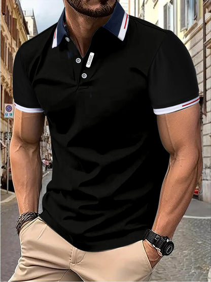 Men's Sleek Black Shirt - Casual & Sporty, Short-Sleeved with Contrast Collar and Trim, 100% Polyester, Button Detail, Ideal for Summer