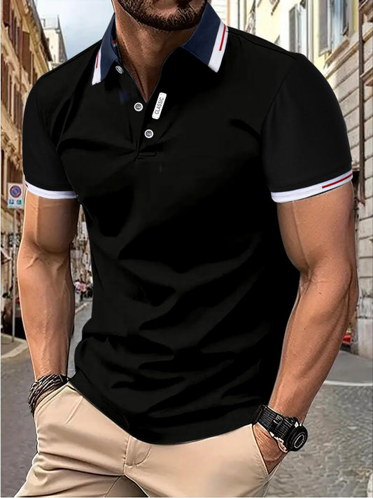 Men's Sleek Black Shirt - Casual & Sporty, Short-Sleeved with Contrast Collar and Trim, 100% Polyester, Button Detail, Ideal for Summer