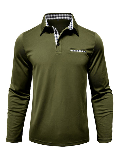 2024 Fall Casual Men'S Long Sleeve Polo Shirt with Color Block Design, Polyester Knit Fabric, Regular Fit, Half Placket, and Slight Stretch