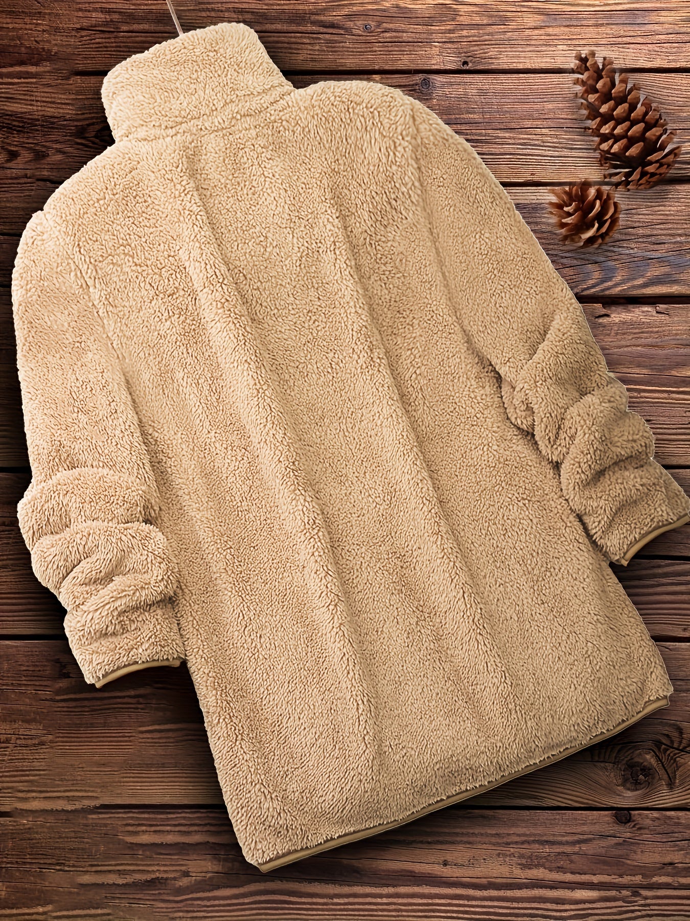 [Long Sleeve Winter Teddy Coat] Zip Up Solid Teddy Coat, Casual Long Sleeve Winter Outerwear, Women's Clothing