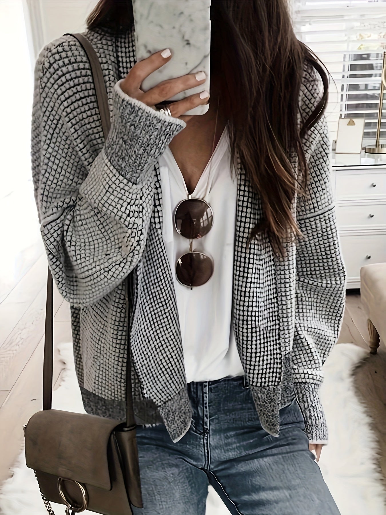 [Cozy Color-Block Cardigan] Women's Cozy Soft Grid-Pattern Color-Block Cardigan | Thick Open Front Sweater with Black & White Contrast, Fall Winter Layering Piece for Jeans & Dresses, Sweater Cardigan, Autumn Wardrobe, Colorblock Design, Durable
