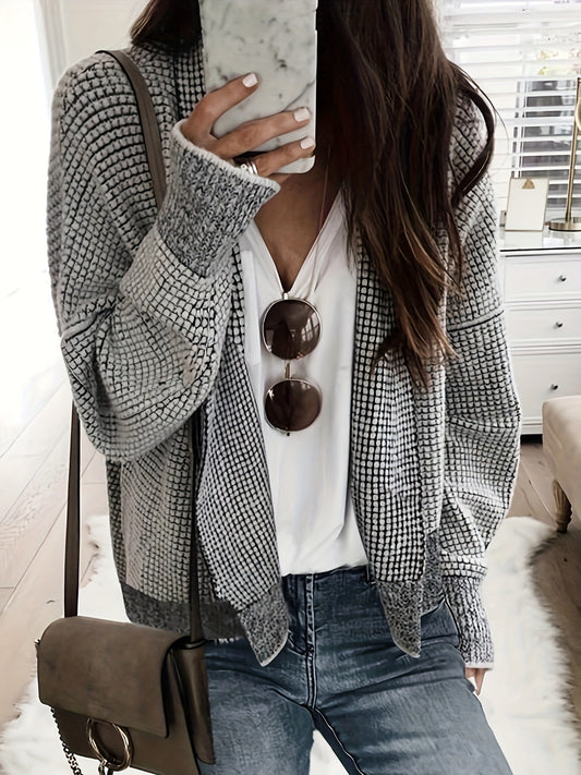 [Cozy Color-Block Cardigan] Women's Cozy Soft Grid-Pattern Color-Block Cardigan | Thick Open Front Sweater with Black & White Contrast, Fall Winter Layering Piece for Jeans & Dresses, Sweater Cardigan, Autumn Wardrobe, Colorblock Design, Durable