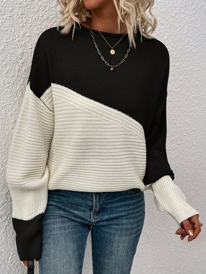 Womens Elegant Color Block Funnel Neck Pullover Sweater - Soft High Elasticity Acrylic Knit Fabric, Long Sleeve Drop Shoulder Design, Easy Care Hand Wash or Dry Clean, Perfect for Fall and Winter - Classic Style for Casual Daily Wear