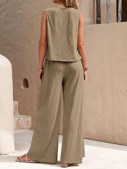 Solid Polyester Blouse 2-Piece Set