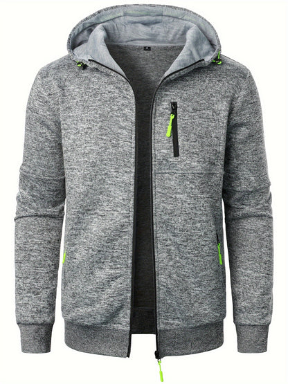 Men's Autumn Winter Casual Plush Hooded Sweater - Soft Knit Zipper Front with Neon Accents, Regular Fit Long Sleeve Pullover for Cold Weather, Sweater Hoodie, Ribbed Detailing