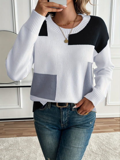 [Soft Sweater] Soft Women's Color-Block Round Neck Sweater | Relaxed Drop Shoulder Long Sleeve Pullover, Easy-Care Hand Wash/Dry Clean, Everyday Comfort Wear, Drop Shoulder Style, Quality Craftsmanship, Spring Fashion, Chic Knitwear, Lightweight