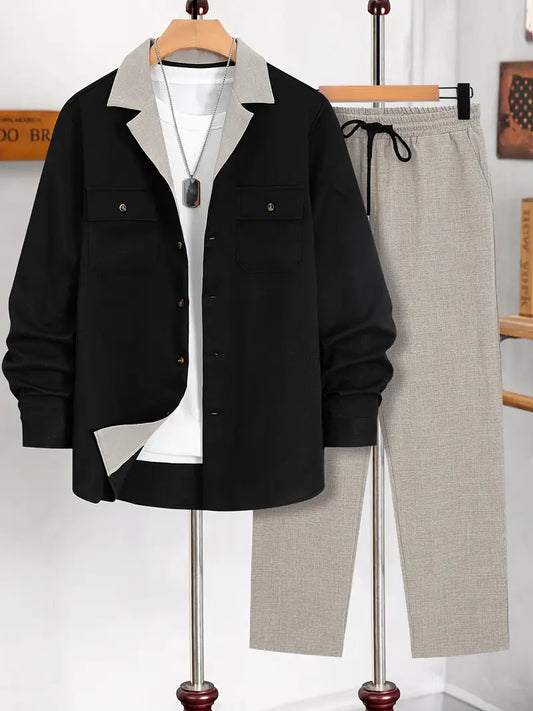 Polyester Button-Up Long Sleeve 2-Piece Pants
