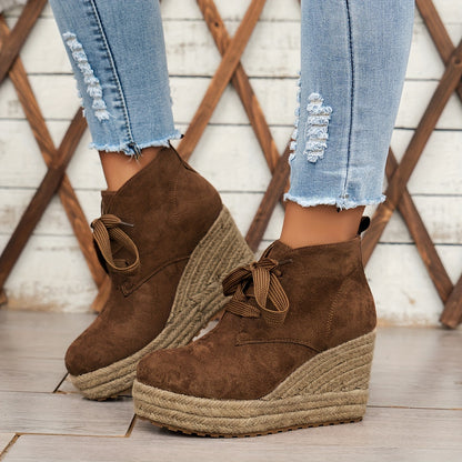 Comfortable Chic Women's Linen Wedge Ankle Boots - Lace-Up Platform Shoes with Durable Rubber Sole for All Seasons