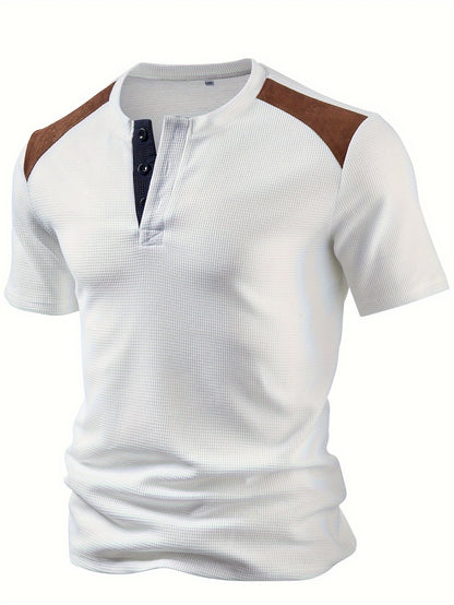 Men'S Waffle Texture Two-Tone Henley Shirt - Casual Summer Short Sleeve, Round Neck, Non-Stretch Fabric
