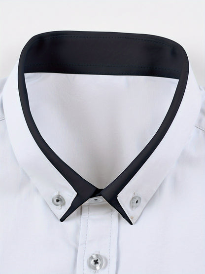 Men's Contrast Collar Design Lapel Collar Design Dress Shirts, Long Sleeve Casual Button Up Shirt For Formal Occasions