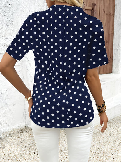 Elegant V Neck Short Sleeve Blouse - Polka Dots Print, Zipper Front, For Spring & Summer, Women's Clothing