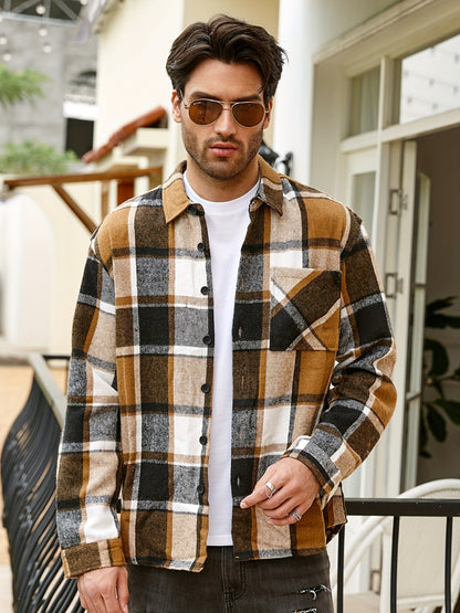 Men's Casual Flannel Shirt Coat - Solid Color Lapel Button-Up with Chest Pocket, Machine Washable Non-Stretch Fabric, Regular Fit Autumn Winter Outerwear, Autumn Apparel, Flannel, Long Sleeve Button Casual Shirt