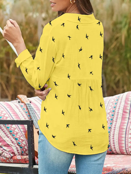 Spandex Blouse Bird Print Button
